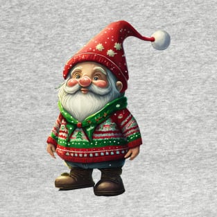 A cute and jolly Gnome wearing ugly Christmas sweater and a festive winter Santa hat T-Shirt